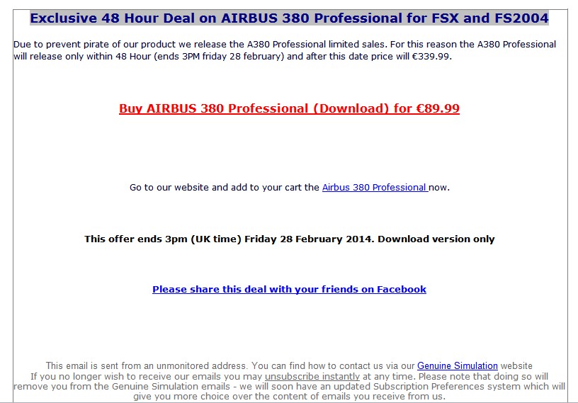SCAM ALERT - Genuine Simulation's A380 - Again